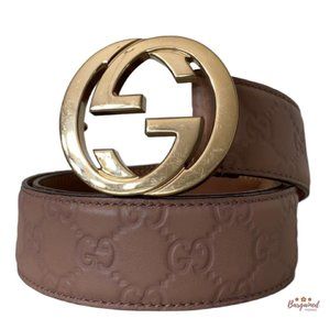 Authentic Gucci Pink Guccissima Leather Gold Interlocking G Buckle Belt 80/32